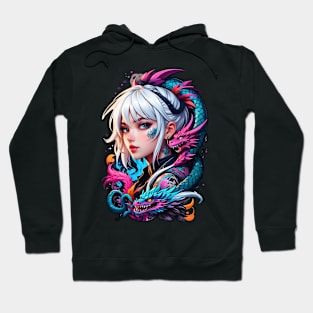 Anime girl with dragon pets Japanese art retro Hoodie